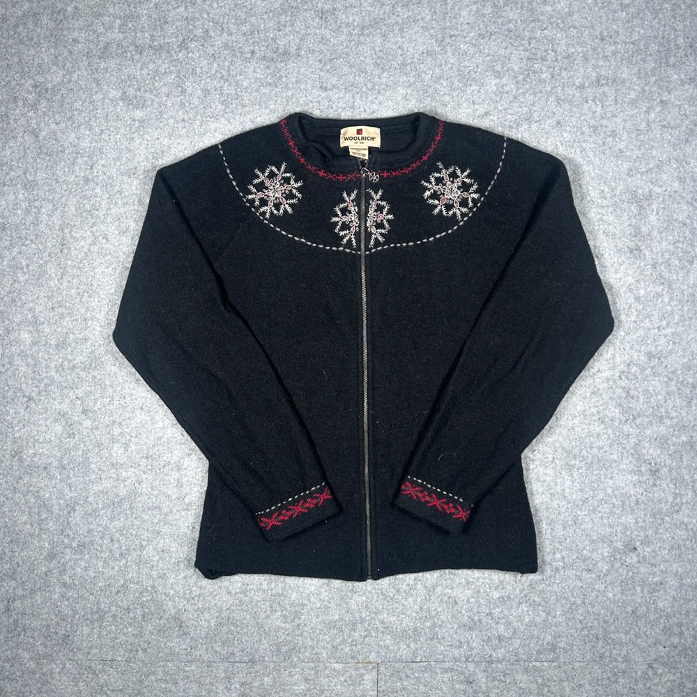 Woolrich Sweater Womens Small Black Snowflake Full Zip 100% Wool Cardigan Winter